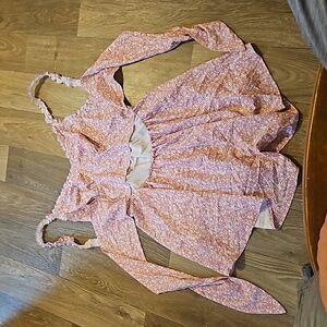 Pink Floral Ruffle Strap Tie Behind Romper